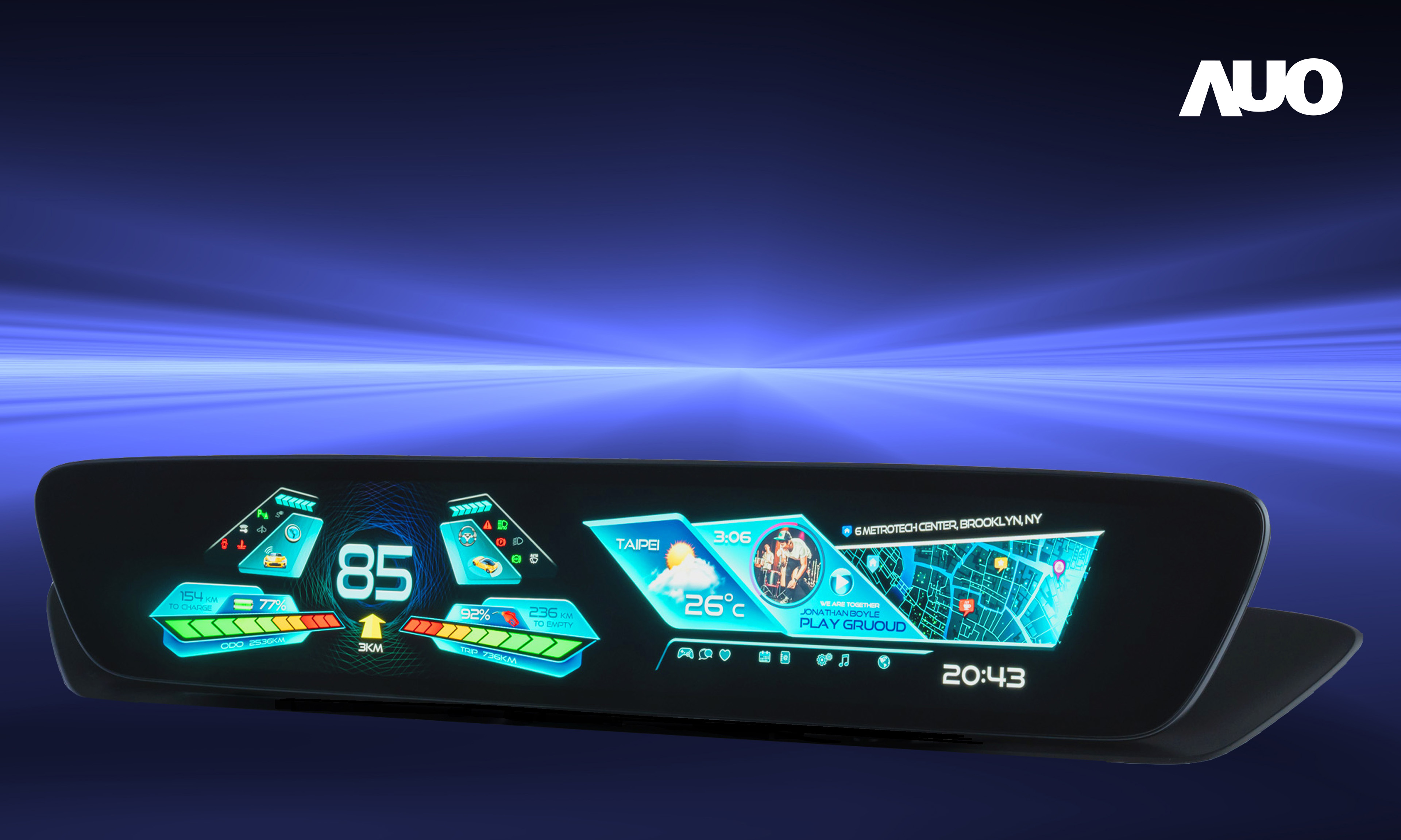 友達30.4吋異形曲面AmLED車載顯示系統，為一兼具儀表板及中控台人機介面的創新車載顯示系統，結合美學設計，提升車內科技沉浸感及使用體驗，讓車載顯示的未來應用更加多元化